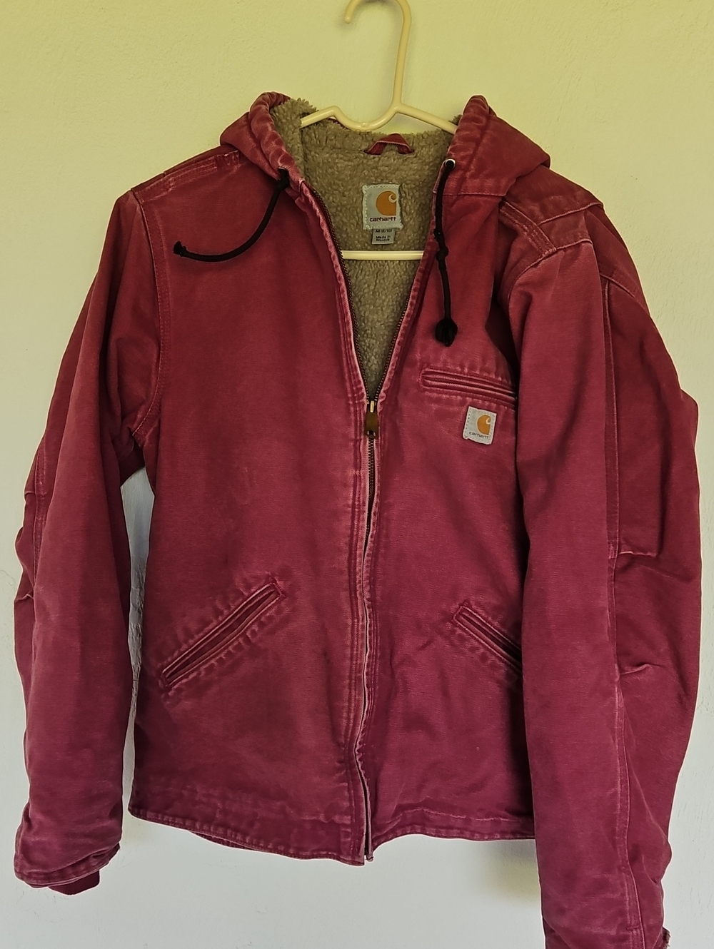 Carhartt Women's Sherpa-Lined Hooded Work Jacket in Pink Burgundy Pockets Size M